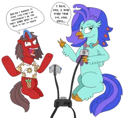 Size: 3288x3072 | Tagged: safe, artist:supahdonarudo, derpibooru import, oc, oc:ironyoshi, oc:sea lilly, unofficial characters only, classical hippogriff, hippogriff, pony, unicorn, atg 2023, camera, clothes, controller, dialogue, duo, high res, image, insanity, jewelry, laughing, levitation, magic, maniacal laugh, mario party, necklace, newbie artist training grounds, nintendo 64, png, shirt, simple background, sitting, speech bubble, telekinesis, text, transparent background