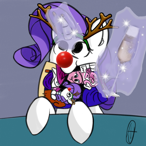 Size: 506x506 | Tagged: safe, artist:anonymous, derpibooru import, edit, idw, rarity, pony, g4, antlers, champagne glass, christmas, comic, cute, holiday, image, magic, png, reindeer antlers, rudolph nose, solo, telekinesis