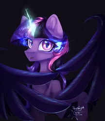 Size: 3900x4523 | Tagged: safe, artist:jsunlight, derpibooru import, twilight sparkle, alicorn, pony, equestria girls, g4, collaboration, collaboration:meet the best showpony, colored, concave belly, dark background, female, glow, glowing horn, horn, image, large wings, lighting, mare, midnight sparkle, partially open wings, png, rearing, shading, signature, slender, solo, thin, turned head, wings