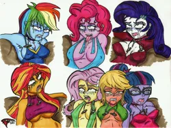 Size: 6516x4894 | Tagged: grimdark, artist:andras, derpibooru import, applejack, fluttershy, pinkie pie, rainbow dash, rarity, sci-twi, sunset shimmer, twilight sparkle, human, equestria girls, g4, absolute cleavage, asphyxiation, boob window, breasts, busty pinkie pie, busty sunset shimmer, cleavage, crying, dead, drool, equestria girls 10th anniversary, erect nipples, eyes rolling back, gritted teeth, humane five, humane seven, humane six, image, jpeg, makeup, nipple outline, running makeup, sideboob, snuff, strangling, teeth, tongue out, underboob