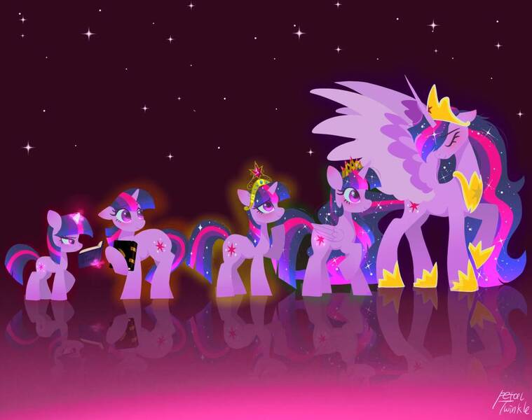 Size: 1024x810 | Tagged: safe, artist:petaltwinkle, derpibooru import, princess twilight 2.0, twilight sparkle, twilight sparkle (alicorn), alicorn, pony, unicorn, g4, the last problem, age progression, big crown thingy, blushing, book, element of magic, ethereal mane, eyes closed, female, filly, filly twilight sparkle, floppy ears, gradient background, image, jewelry, jpeg, large wings, levitation, magic, mare, new crown, older, older twilight, older twilight sparkle (alicorn), progression, reading, reflection, regalia, signature, solo, spread wings, starry mane, telekinesis, turned head, unicorn twilight, wings, younger