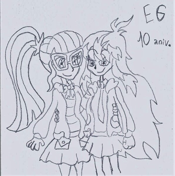 Size: 705x710 | Tagged: safe, artist:nephilim rider, derpibooru import, sci-twi, twilight sparkle, oc, oc:heaven lost, human, equestria girls, g4, duo, equestria girls 10th anniversary, female, image, jpeg, traditional art