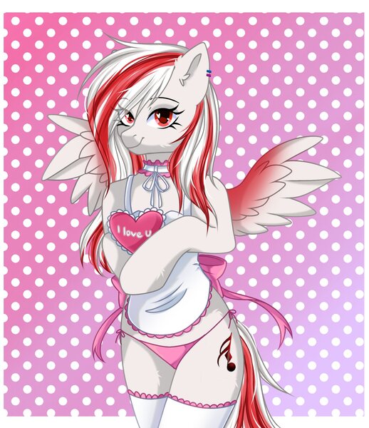 Size: 1523x1764 | Tagged: safe, artist:arllistar, derpibooru import, oc, oc:skyshard melody, pegasus, pony, semi-anthro, apron, arm hooves, bipedal, clothes, collar, commission, cute, ear piercing, earring, female, heart, heart eyes, hearts and hooves day, image, jewelry, jpeg, love, music notes, panties, piercing, pink panties, red eyes, ribbon, simple background, smiling, socks, solo, stockings, thigh highs, underwear, white fur, wingding eyes, ych result