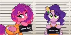 Size: 4988x2496 | Tagged: safe, artist:darkynez, derpibooru import, pipp petals, pegasus, pony, g5, barbie, barbie (film), barbie mugshot meme, bound wings, chained, chains, clothes, commissioner:rainbowdash69, duo, duo female, female, image, jumpsuit, mare, meme, mugshot, never doubt rainbowdash69's involvement, png, prison outfit, prisoner, prisoner pipp, prisoner rj, ruby jubilee, wings