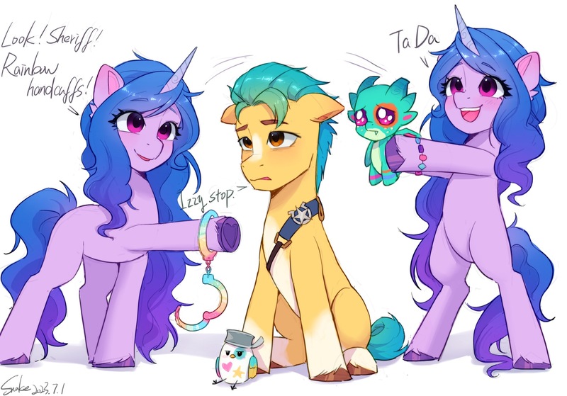 Size: 2236x1563 | Tagged: safe, artist:xiaowu07, derpibooru import, part of a set, hitch trailblazer, izzy moonbow, kenneth, sparky sparkeroni, bird, dragon, earth pony, pony, unicorn, g5, baby, baby dragon, bipedal, blaze (coat marking), bracelet, coat markings, crying, cuffs, dialogue, face paint, facial markings, female, floppy ears, friendship bracelet, group, hitch trailblazer is not amused, holding a dragon, hoof heart, image, izzy being izzy, jewelry, jpeg, looking at someone, male, mare, open mouth, open smile, pale belly, quartet, raised hoof, sash, self paradox, self ponidox, ship:moontrail, shipping, showing, signature, simple background, sitting, smiling, socks (coat marking), stallion, standing, straight, ta-da!, unamused, underhoof, unshorn fetlocks, white background