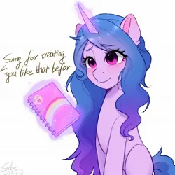 Size: 2048x2048 | Tagged: safe, artist:xiaowu07, derpibooru import, part of a set, izzy moonbow, pony, unicorn, g5, apology, blushing, cute, dialogue, female, glow, glowing horn, high res, horn, image, jpeg, levitation, magic, magic aura, mare, notebook, offscreen character, signature, simple background, sitting, sketchbook, smiling, solo, telekinesis, three quarter view, white background