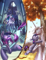 Size: 2975x3850 | Tagged: safe, artist:pixel-prism, derpibooru import, applejack, fluttershy, pinkie pie, princess celestia, princess luna, rainbow dash, rarity, star swirl the bearded, twilight sparkle, twilight sparkle (alicorn), oc, oc:azalea, alicorn, earth pony, pegasus, pony, unicorn, fanfic:hard reset, fanfic:you can fight fate, g4, autumn, canon x oc, canterlot castle, castle, descendant, duality, elderly, element of generosity, element of honesty, element of kindness, element of laughter, element of loyalty, element of magic, elements of harmony, eyes closed, female, filly, foal, happy, high res, hug, image, male, mane six, moon, not twilight sparkle, older, older twilight, png, stallion, tree, unicorn twilight, window, wings