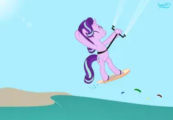 Size: 503x350 | Tagged: safe, artist:ironm17, derpibooru import, starlight glimmer, pony, unicorn, g4, ^^, bipedal, eyes closed, female, image, jpeg, kitesurfing, solo, surfboard, water, wave