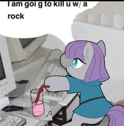 Size: 728x740 | Tagged: safe, artist:unoriginai, derpibooru import, maud pie, earth pony, pony, g4, computer, cute, drink, female, image, irl, keyboard, mare, maudabetes, meme, photo, png, ponies in real life, smiling, solo, speech bubble, when she smiles