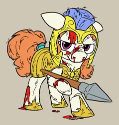 Size: 971x1016 | Tagged: semi-grimdark, artist:skookz, derpibooru import, earth pony, pony, armor, blood, cut, female, guardsmare, image, injured, mare, png, prances "baby" housemane, royal guard, simple background, solo, spear, weapon