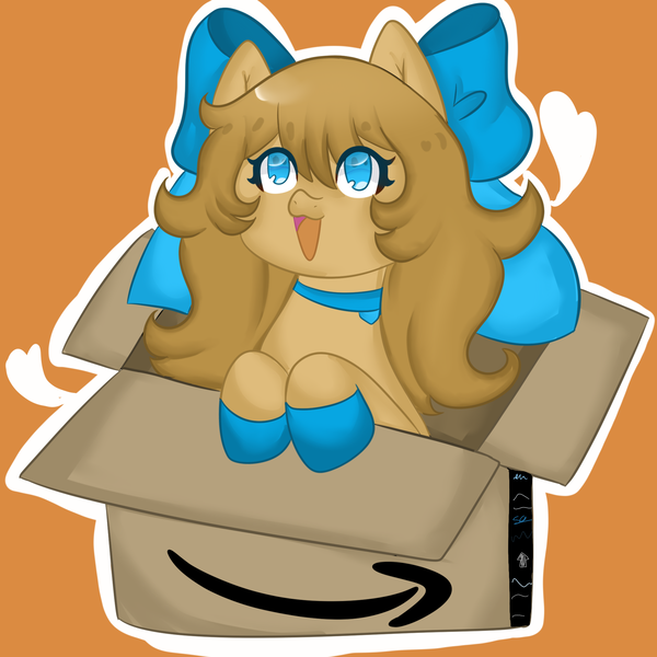 Size: 2048x2048 | Tagged: safe, artist:sinnamonsol, derpibooru import, oc, ponified, earth pony, pony, amazon.com, bow, box, cardboard box, cute, derpibooru exclusive, hair bow, high res, image, leaning, looking up, ocbetes, open mouth, orange background, png, pony in a box, simple background, smiling, solo