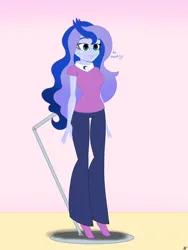 Size: 2900x3866 | Tagged: safe, alternate version, artist:diegosagiro, derpibooru import, princess luna, human, equestria girls, g4, clothes, dialogue, doll, dollified, english, female, high res, image, inanimate tf, jpeg, multiple variants, partially undressed, pedestal, socks, solo, toy, transformation, undressing, vice principal luna