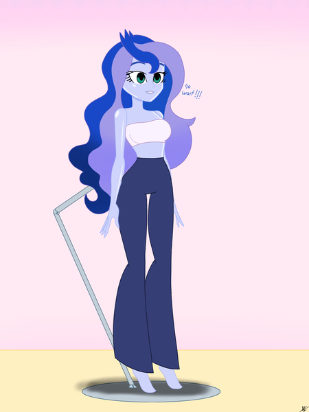 Size: 2900x3866 | Tagged: suggestive, alternate version, artist:diegosagiro, derpibooru import, princess luna, human, equestria girls, g4, assisted exposure, barefoot, breasts, clothes, dialogue, doll, dollified, english, feet, female, high res, image, inanimate tf, jpeg, multiple variants, pants, partially undressed, pedestal, solo, strapless bra, toy, transformation, underwear, undressing, vice principal luna, white bra, white underwear