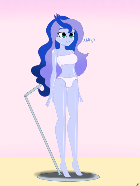 Size: 2900x3866 | Tagged: suggestive, alternate version, artist:diegosagiro, derpibooru import, princess luna, human, equestria girls, g4, assisted exposure, barefoot, belly button, breasts, clothes, dialogue, doll, dollified, english, feet, female, high res, image, inanimate tf, jpeg, multiple variants, panties, partially undressed, pedestal, screaming internally, solo, strapless bra, toy, transformation, underwear, undressing, vice principal luna, white bra, white underwear