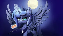 Size: 2000x1150 | Tagged: safe, artist:行豹cheetahspeed, derpibooru import, princess luna, alicorn, pony, g4, cake, concave belly, dialogue, female, food, full moon, glow, glowing horn, horn, image, jpeg, levitation, looking at you, magic, magic aura, mare, moon, mooncake, neck fluff, slender, solo, spread wings, sternocleidomastoid, telekinesis, thin, wings