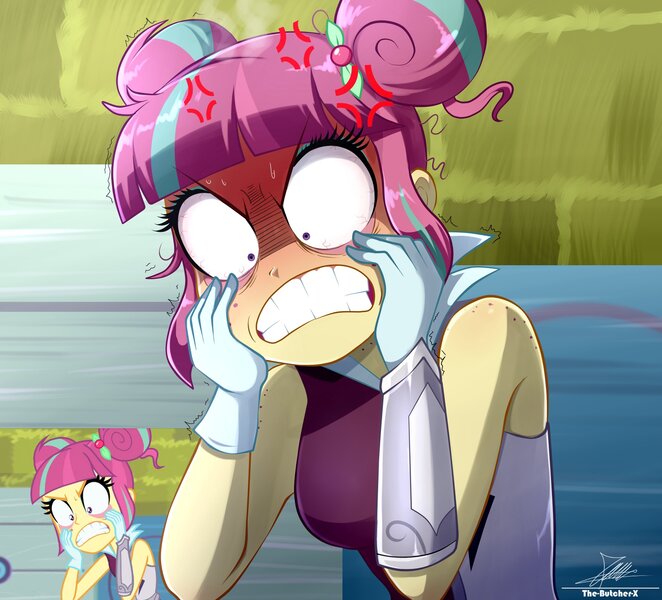 Size: 2134x1934 | Tagged: safe, artist:the-butch-x, derpibooru import, sour sweet, human, equestria girls, g4, 2d, angry, bangs, breasts, canterlot high, eyeshadow, female, freckles, furious, gritted teeth, hair bun, image, jpeg, makeup, messy hair, my little pony equestria girls: friendship games, outdoors, reference, shadowbolts, solo, teeth