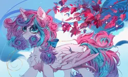 Size: 3684x2228 | Tagged: safe, artist:kefirro7, derpibooru import, princess flurry heart, alicorn, pony, g4, blue eyes, bow, chest fluff, curly hair, ear fluff, female, fluffy, hair bow, high res, image, leaves, looking at you, mare, png, smiling, solo