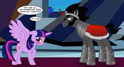 Size: 3262x1777 | Tagged: safe, artist:badumsquish, derpibooru import, king sombra, twilight sparkle, twilight sparkle (alicorn), alicorn, pony, unicorn, g4, the beginning of the end, armor, batman and robin, bedroom eyes, blushing, canterlot, canterlot castle, clothes, crown, crystal, derpibooru exclusive, dialogue, duo, embarrassed, eyes on the prize, fangs, female, floppy ears, high res, horny, image, jewelry, looking away, male, mare, png, raised hoof, regalia, robe, ship:twibra, shipping, show accurate, smiling, smirk, spread wings, stallion, straight, stupid sexy sombra, talking to herself, turned on, wingboner, wings