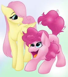 Size: 3990x4488 | Tagged: safe, artist:feather_bloom, derpibooru import, fluttershy, pinkie pie, earth pony, pegasus, pony, g4, absurd resolution, behaving like a dog, blushing, crouching, duo, excited, female, filly, foal, hair over one eye, happy, image, looking at each other, looking at someone, open mouth, open smile, png, puppy pie, shading, simple background, smiling, standing, turned head, wings, younger