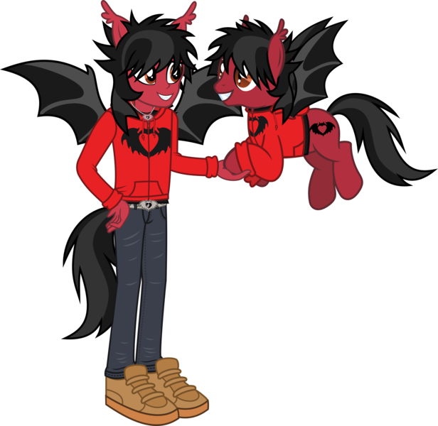 Size: 2967x2889 | Tagged: safe, artist:lightningbolt, derpibooru import, ponified, bat pony, human, pony, equestria girls, g4, .svg available, bat wings, belt, clandestine industries, clothes, denim, derpibooru exclusive, duo, duo male, ear fluff, emo, equestria girls-ified, eyeliner, fall out boy, fangs, flying, grin, happy, high res, hoodie, hoof in hand, human ponidox, humanized, image, jeans, jewelry, long sleeves, looking at each other, looking at someone, makeup, male, necklace, pants, pete wentz, png, ponied up, self paradox, self ponidox, shirt, shoes, show accurate, simple background, smiling, spread wings, stallion, standing, tail, tailed humanization, transparent background, undershirt, vector, wings