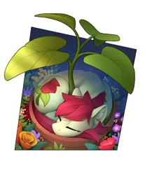 Size: 1910x2305 | Tagged: safe, artist:yakovlev-vad, derpibooru import, roseluck, earth pony, pony, g4, behaving like a cat, curled up, cute, ear fluff, eyes closed, female, flower, flower pot, image, mare, png, rosabetes, rose, sleeping, solo