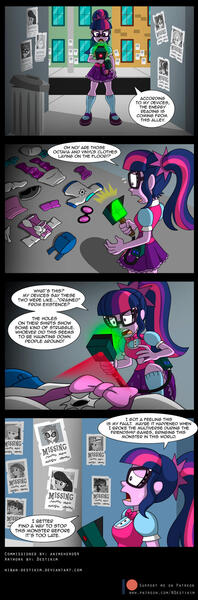 Size: 800x2426 | Tagged: suggestive, artist:niban-destikim, derpibooru import, octavia melody, sci-twi, twilight sparkle, vinyl scratch, android, human, robot, comic:cell hunt - twi investigates, comic:cell the hunter, equestria girls, g4, bowtie, breasts, cell just wouldn't stop messing with octavia, clothes, comic, commission, image, implied cell, investigation, jpeg, missing, now cell is messing with vinyl, vore