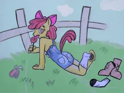 Size: 1800x1350 | Tagged: suggestive, artist:theymightbedog, derpibooru import, apple bloom, anthro, earth pony, g4, apple, aside glance, ass, bloom butt, boots, butt, candy, clothes, fence, food, image, implied tail hole, jpeg, licking, lollipop, looking at you, overalls, shoes, sideways glance, socks, solo, tail, tongue out, traditional art, undressing, younger