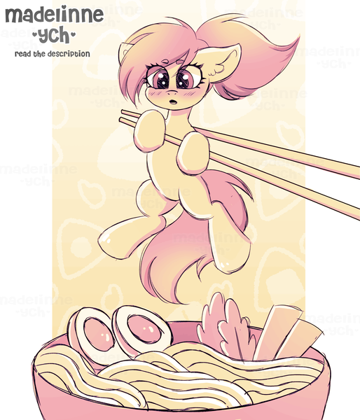 Size: 3684x4298 | Tagged: safe, artist:madelinne, derpibooru import, pony, blushing, bowl, commission, egg, food, horse meat, image, imminent vore, meat, noodles, person as food, png, ramen, salad, shocked, sketch, solo, sticks, your character here