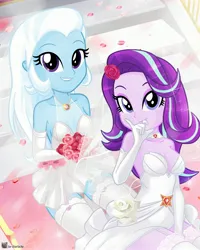 Size: 2278x2846 | Tagged: safe, artist:charliexe, derpibooru import, starlight glimmer, trixie, human, equestria girls, g4, bare shoulders, bride, carpet, clothes, dress, duo, duo female, eyebrows, female, flower, flower in hair, gloves, grin, high res, image, jpeg, long gloves, looking at you, sitting, smiling, smiling at you, socks, stairs, thigh highs, thigh socks