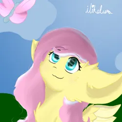 Size: 1024x1024 | Tagged: safe, artist:ilikeluna, derpibooru import, fluttershy, butterfly, insect, pegasus, pony, g4, :3, big ears, chest fluff, cyan eyes, ear fluff, female, image, jpeg, looking up, mare, smiling, solo, spread wings, wings