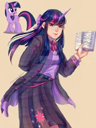 Size: 1280x1707 | Tagged: safe, artist:mariam246810, derpibooru import, twilight sparkle, human, pony, unicorn, g4, belt, book, clothes, coat, deviantart watermark, female, horn, horned humanization, humanized, image, jpeg, obtrusive watermark, shirt, simple background, skirt, solo, sweater vest, unicorn twilight, watermark, yellow background