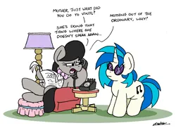 Size: 2463x1792 | Tagged: safe, artist:bobthedalek, derpibooru import, octavia melody, vinyl scratch, earth pony, pony, unicorn, g4, bowtie, chair, crossed legs, dialogue, duo, female, hoof hold, image, lamp, mare, mute, mute vinyl, newspaper, offscreen character, phone, png, simple background, sitting, vinyl's glasses, white background