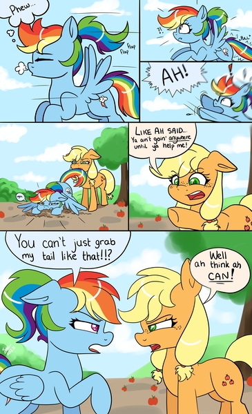 Size: 3190x5240 | Tagged: safe, artist:galaxy swirl, derpibooru import, applejack, rainbow dash, earth pony, pegasus, pony, comic:applecrash, g4, alternate hairstyle, apple, appledash, applejack is not amused, biting, comic, dialogue, duo, female, floppy ears, food, image, jpeg, lesbian, open mouth, pigtails, ponytail, shipping, tail, tail bite, tail pull, talking, teenage applejack, teenager, unamused, younger