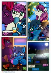 Size: 2480x3508 | Tagged: safe, artist:dsana, derpibooru import, fizzlepop berrytwist, tempest shadow, oc, oc:lullaby dusk, oc:thistledown, earth pony, pegasus, pony, unicorn, comic:a storm's lullaby, g4, bandaid, comic, cute, female, filly, foal, high res, image, male, mare, moon, png, stars, straight, text box, trio, watering can, weapons-grade cute, wholesome