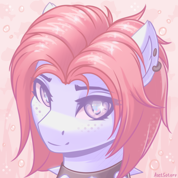 Size: 2000x2000 | Tagged: oc name needed, safe, artist:asetsotory, derpibooru import, oc, unofficial characters only, pony, abstract, bust, collar, collar ring, cute, ear piercing, female, female oc, gift art, high res, image, looking at you, mare, piercing, png, pony oc, portrait, simple background, smiling, solo, spiked collar