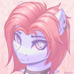 Size: 2000x2000 | Tagged: oc name needed, safe, artist:asetsotory, derpibooru import, oc, unofficial characters only, pony, abstract, bust, collar, collar ring, cute, ear piercing, female, female oc, gift art, high res, image, looking at you, mare, piercing, png, pony oc, portrait, simple background, smiling, solo, spiked collar