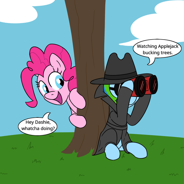 Size: 900x900 | Tagged: safe, artist:unitxxvii, derpibooru import, pinkie pie, rainbow dash, earth pony, pegasus, pony, g4, binoculars, clothes, duo, fedora, female, hat, image, implied applejack, mare, png, speech bubble, sunglasses, tree, trenchcoat