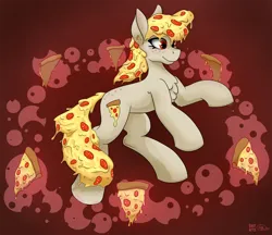 Size: 3030x2616 | Tagged: safe, artist:gantarts, derpibooru import, oc, oc:mozzarella orgy, ponified, unofficial characters only, earth pony, food pony, original species, pizza pony, pony, abstract background, chest fluff, concave belly, female, flying, food, freckles, high res, image, particles, pizza, png, red eyes, smiling, solo