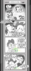 Size: 1451x3300 | Tagged: safe, artist:loreto-arts, derpibooru import, pinkie pie, queen chrysalis, rarity, spike, twilight sparkle, twilight sparkle (alicorn), alicorn, dragon, earth pony, pony, comic:friendship is innuendo, comic:friendship is innuendo vol. 2, g4, broken horn, comic, disguise, disguised changeling, female, horn, image, magic, male, mare, monochrome, no pupils, pinkamena diane pie, png, telekinesis, wide eyes