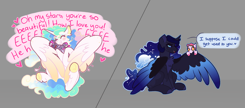 Size: 2723x1197 | Tagged: safe, artist:queerhorses, derpibooru import, princess celestia, princess luna, oc, oc:nebula sparkle, oc:soleil, changepony, hybrid, pony, g4, baby, baby pony, blushing, chest fluff, colored wings, dialogue, ethereal mane, eyes closed, feather, freckles, galaxy mane, gradient wings, grin, happy, image, magical lesbian spawn, nom, offspring, parent:princess celestia, parent:princess luna, parent:queen chrysalis, parent:twilight sparkle, parents:chryslestia, parents:twiluna, png, smiling, two toned wings, wings