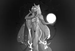 Size: 4000x2706 | Tagged: safe, artist:mistleinn, derpibooru import, princess luna, anthro, human, g4, breasts, clothes, female, glow, glowing eyes, grayscale, hood, humanized, image, jpeg, monochrome, orb, panties, robe, simple background, solo, stars, underwear, wip