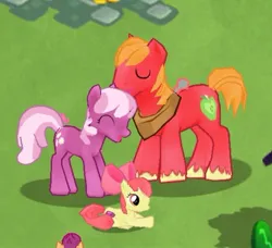 Size: 601x547 | Tagged: safe, derpibooru import, apple bloom, big macintosh, cheerilee, scootaloo, earth pony, pony, g4, :d, ^^, eyes closed, female, filly, foal, forehead kiss, game screencap, gameloft, gameloft shenanigans, grass, grass field, image, jpeg, kissing, looking at each other, looking at someone, male, mare, my little pony: magic princess, offscreen character, open mouth, open smile, ship:cheerimac, shipping, smiling, smiling at each other, smirk, stallion, straight, trio