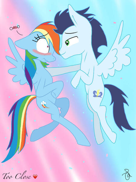 Size: 750x1000 | Tagged: safe, artist:ilaria122, derpibooru import, rainbow dash, soarin', pegasus, pony, g4, blushing, female, image, jpeg, male, mare, shipping, soarindash, stallion, straight