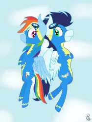 Size: 750x1000 | Tagged: safe, artist:ilaria122, derpibooru import, rainbow dash, soarin', pegasus, pony, g4, clothes, female, image, jpeg, male, mare, shipping, soarindash, stallion, straight, uniform, wonderbolts, wonderbolts uniform