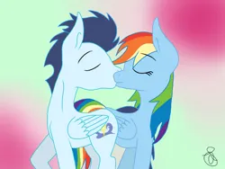 Size: 749x562 | Tagged: safe, artist:ilaria122, derpibooru import, rainbow dash, soarin', pegasus, pony, g4, eyes closed, female, gradient background, image, jpeg, kiss on the lips, kissing, male, mare, shipping, soarindash, stallion, straight