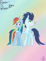 Size: 750x1000 | Tagged: safe, artist:ilaria122, derpibooru import, rainbow dash, soarin', pegasus, pony, g4, blushing, female, gradient background, image, jpeg, male, mare, shipping, soarindash, stallion, straight