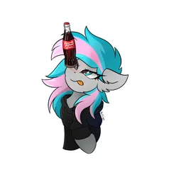 Size: 1900x2000 | Tagged: safe, artist:rejiser, derpibooru import, oc, unofficial characters only, pony, fallout equestria, balancing, female, floppy ears, halfbody, image, looking up, png, ponies balancing stuff on their nose, raised hoof, simple background, solo, sparkle cola, sweatshirt, tongue out, white background