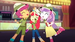 Size: 1920x1080 | Tagged: safe, derpibooru import, screencap, apple bloom, scootaloo, sweetie belle, human, eqg summertime shorts, equestria girls, g4, the canterlot movie club, boots, cinema, clothes, cutie mark crusaders, food, high five, image, my little pony equestria girls: summertime shorts, png, popcorn, shoes