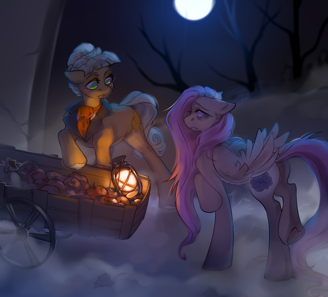 Size: 3192x2892 | Tagged: safe, artist:djkaskan, derpibooru import, applejack, fluttershy, fanfic:never a rainbow, g4, apple, cart, fanfic art, food, high res, illustration, image, lantern, mist, moon, night, orangejack, png, tree