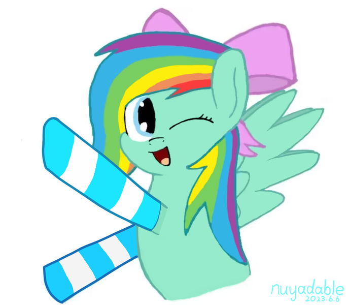 Size: 917x807 | Tagged: safe, artist:nuyadable, derpibooru import, oc, oc:emeraldbow, unofficial characters only, pegasus, pony, blue coat, blue fur, blue hair, bow, clothes, cute, female, filly, foal, hair bow, hooves in air, image, looking at you, mare, multicolored hair, ocbetes, one eye closed, open mouth, open smile, outstretched arms, outstretched hoof, pegasus oc, pink bow, pink eyes, png, rainbow hair, simple background, smiling, smiling at you, socks, solo, spread wings, striped socks, white background, wings, wink